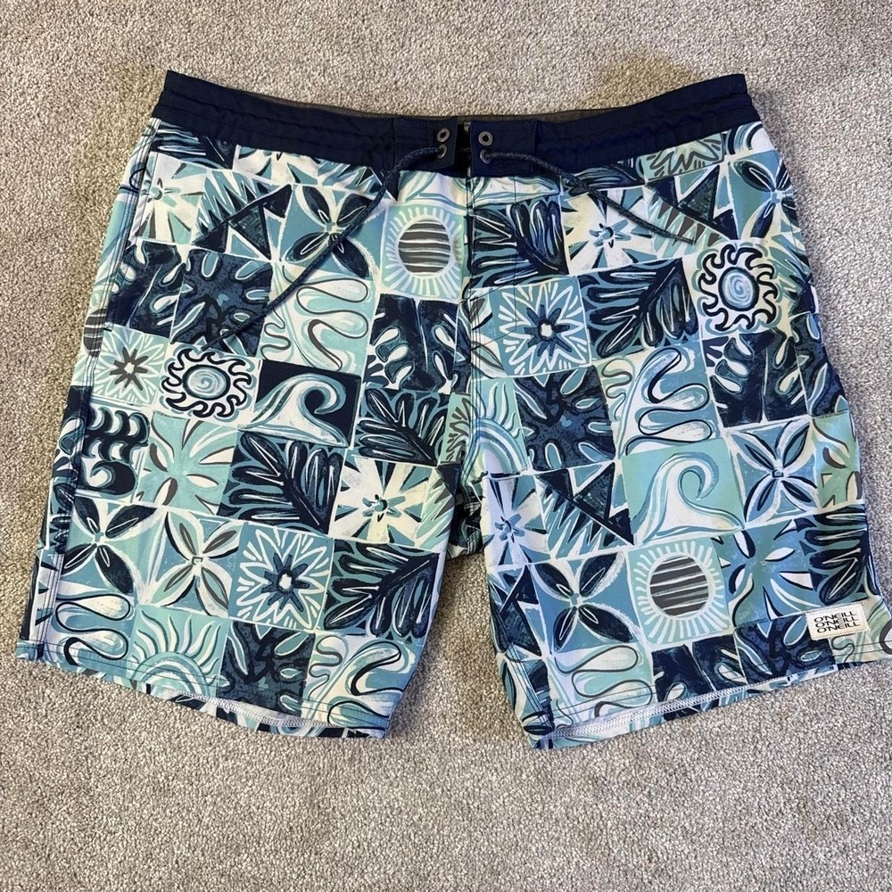 O'Neill Men's Board Shorts Size 38 Blue White Geometric Floral Surf Swim